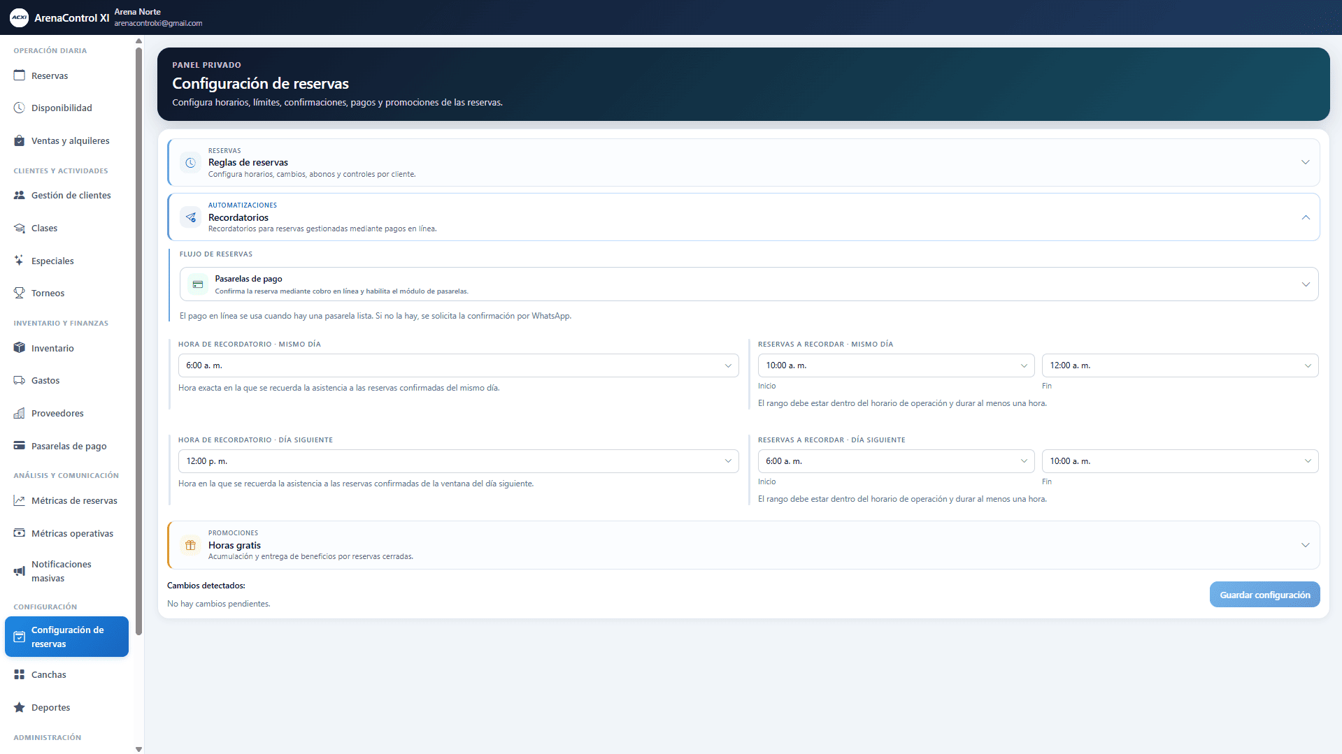 Configuración de horarios, cambios y límites de reservas en ArenaControl XI