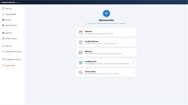 Panel principal de ArenaControl XI para gestión de reservas, pagos y clientes