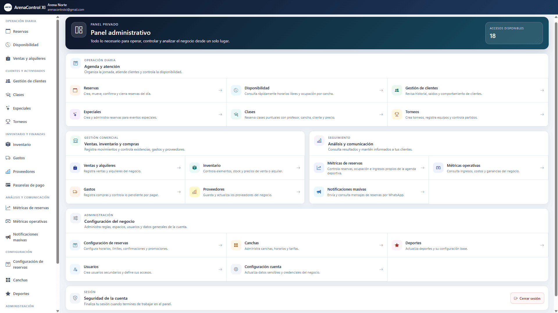 Panel principal de ArenaControl XI con accesos a reservas, disponibilidad, clientes y métricas